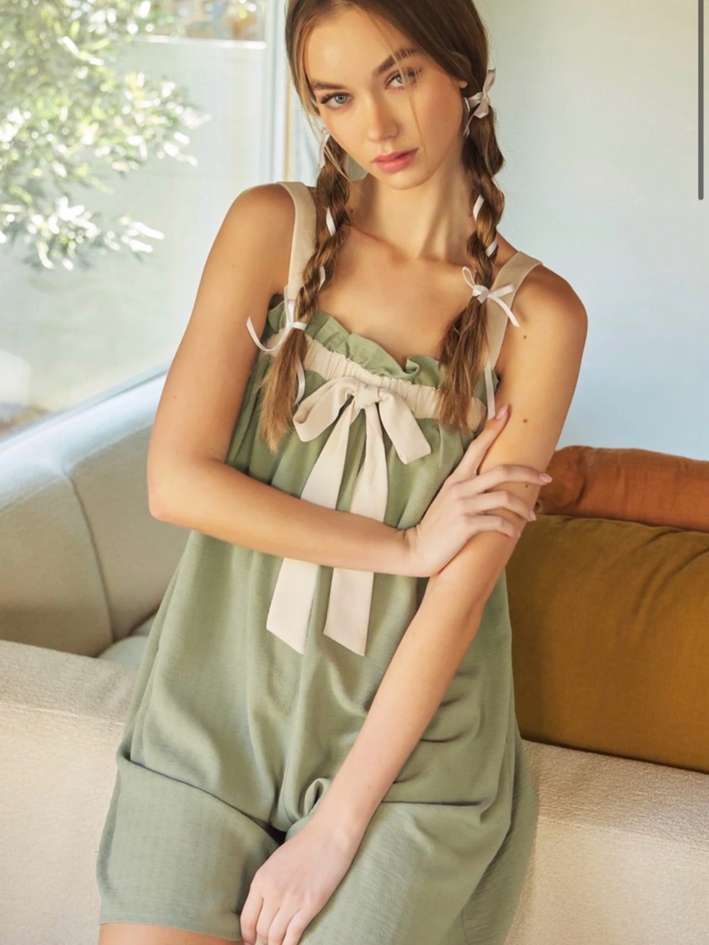 RIVIR Boutique Tie-Front Romper – Sage - Picture 2 of 4